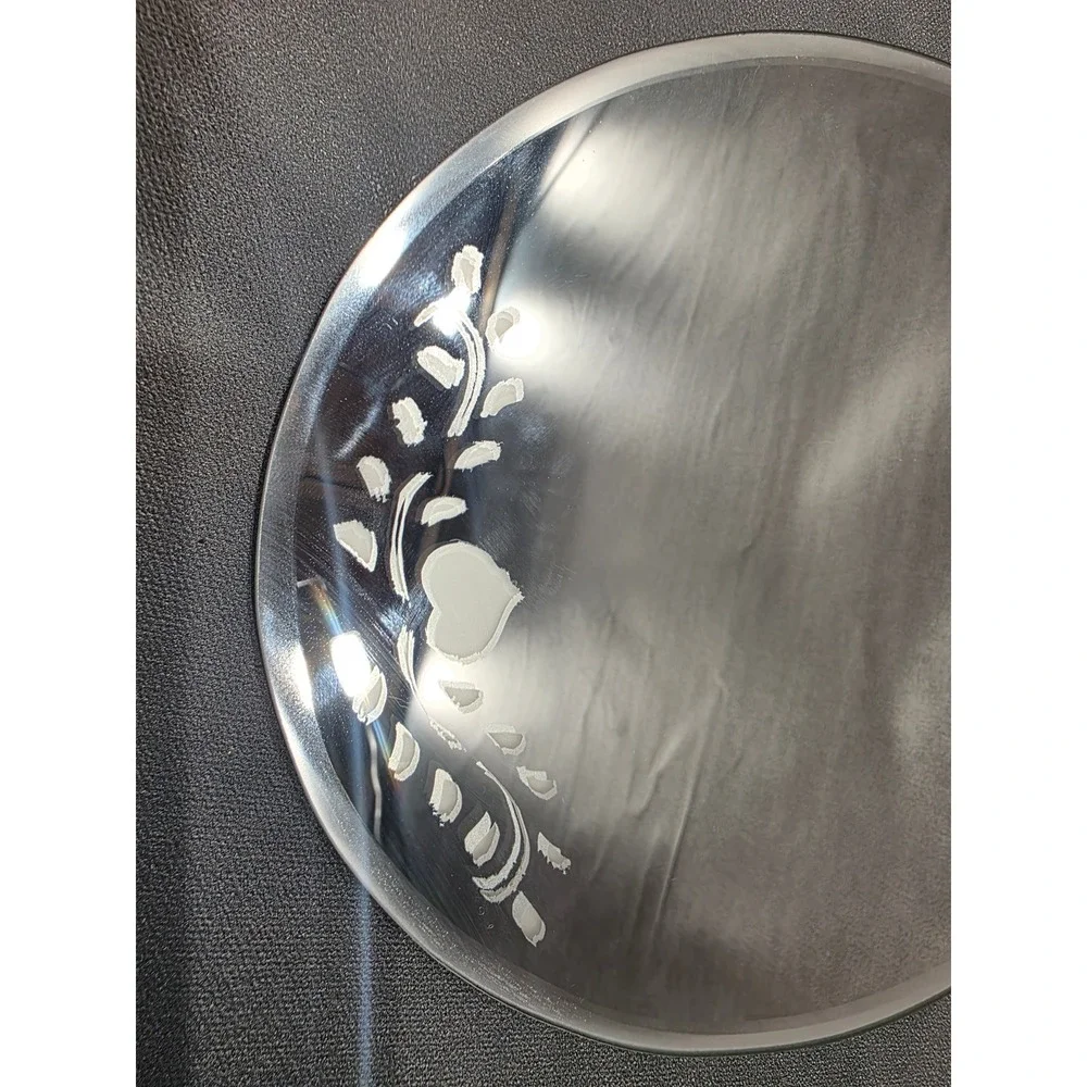 Oval Beveled Glass Mirror Tray Frosted Heart Floral Etched Vanity Plate 10x8